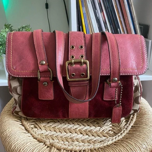 COACH Vintage Y2K Special Edition Fall 2004 Burgundy Suede Monogram Shoulder Bag - Picture 2 of 16